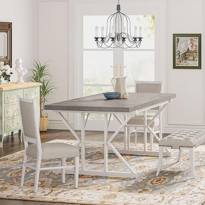 Tribesigns Farmhouse Dining Table for 6 People, 70.8-Inch Rectangular Wood Dining Table, Rustic Kitchen Table with Heavy Duty Metal Legs for Dining Room(Grey)