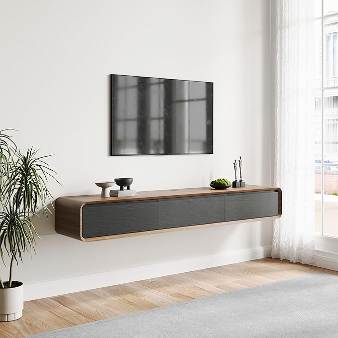 POVISON Fully-Assembled Minimalist Floating TV Stand, Modern Wall-Mounted Entertainment Center with 3 Flip-Down Cabinet Doors, Solid Wood Media Console, 70.87"