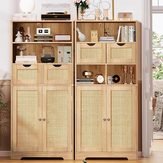 Iwell Tall Storage Cabinet, Rattan Cabinet with 2 Drawers & Adjustable Shelf, Kitchen Pantry Storage Cabient, Entryway Cabinet for Living Room, Dining Room, Home Office, Natural