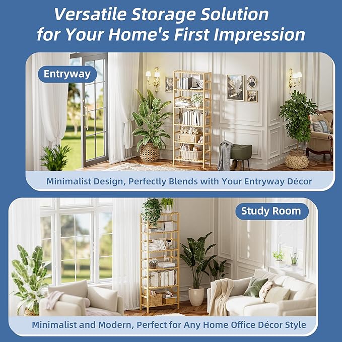 HITNET Bamboo Shelf, 6-Tier Adjustable Tall Open Bookcase, Bathroom Storage Rack Freestanding Shelving Unit, Plant Display Stand for Small Space, Natural