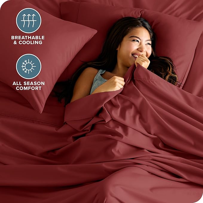 Bare Home Split Head Flex King Sheet Set - 1800 Ultra-Soft Microfiber Bed Sheets - Double Brushed - Deep Pockets - Easy Fit - 4 Piece Set - FlexTop Bedding Sheets (Split Head Flex King, Rosewood)