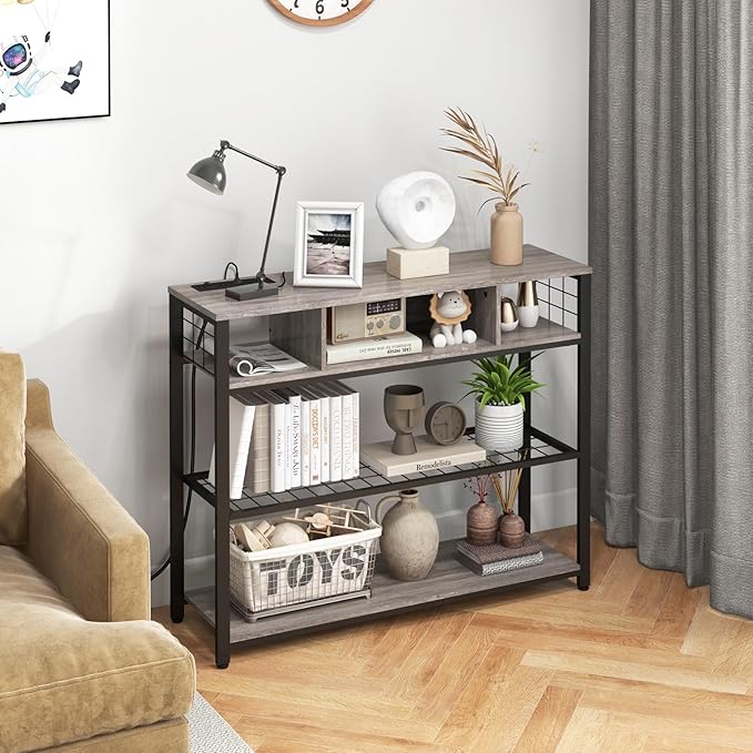 Narrow Entryway Console Table with Storage, Drawer and Charging Station - Behind Couch Table with Outlet and USB Ports for Living Room Foyer, Grey