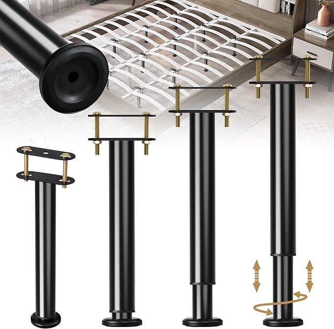 Metal Bed Frame Support Legs, 7-12.6 Inch Adjustable Height Bed Support Legs, Bed Legs Replacement Parts for for King Queen, Under Bed Support Slat Reinforcement Kits, Bed Frame Center Support 4 Pack