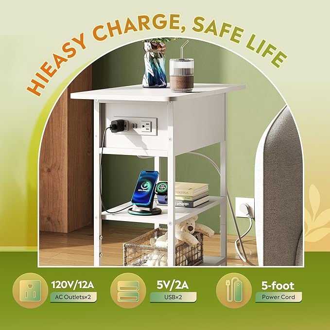 WLIVE End Table with Charging Station, Flip Top Side Table with Storage Shelf, Narrow Bedside Table for Living Room, Sofa Couch Table with USB Ports and Outlets, Bedroom Nightstand, White