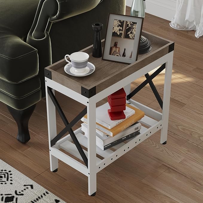 Narrow Side Table, Farmhouse End Table with Charging Station for Small Spaces, with 2 USB and 2 Power Outlets, 21.7" L x 10" W x 21.7" H