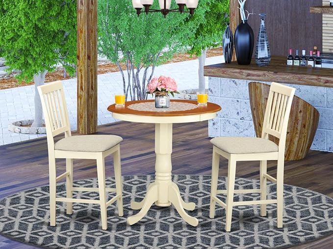 East West Furniture EDVN3-WHI-C 3 Piece Kitchen Counter Height Dining Set Contains a Round Dining Room Table with Pedestal and 2 Linen Fabric Upholstered Chairs, 30x30 Inch, Buttermilk & Cherry