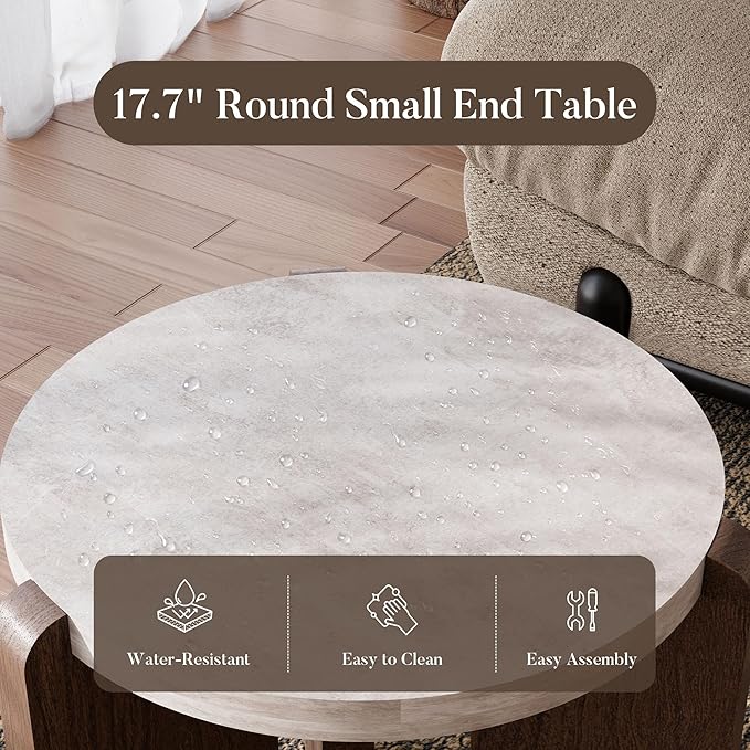COSIEST Small Round Side Table, Modern 3-Leg Accent End Table with Faux Marble Wood Top and Wood-Like Legs, Nightstand for Living Room, Bedroom, Office, Cream White & Dark Brown,17.7”Dia. x 18.9”H