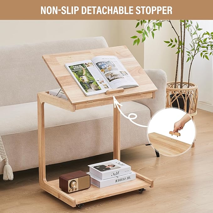 CozyDH Adjustable C Shaped End Table, Solid Wood Rolling Side Table, TV Sofa Tray Table for Couch Arm Eating Multi-Purpose, Small Coffee Table with Wheels Living Room Bedroom, Natural