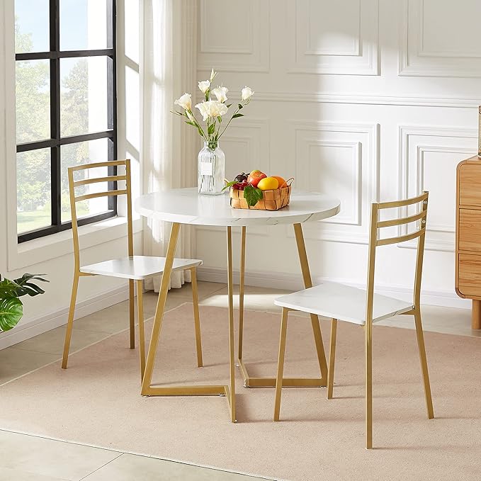 VECELO Round Dining Room Table with Wood Grain Tabletop and Steel Frame, for Kitchen, Living Room, Office, Conference, 2 to 4 Person, White & Gold