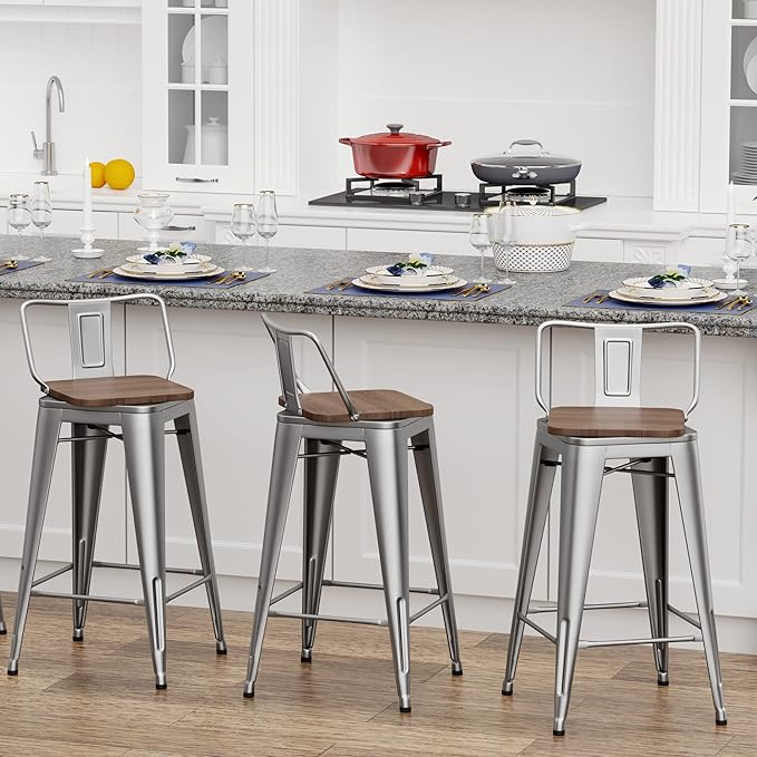 30 Inch Swivel Bar Stools Set of 4 with Backs Counter Height Industrial Metal Barstools Island Bar Chairs for Home Kitchen Dining Room (Swivel 30 inch, Silver Wooden)
