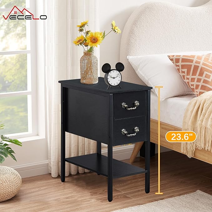 VECELO End Tables,Narrow Nightstand with Drawers and Storage Shelf,Modern Night Stand for Small Spaces, Living Room,Bedroom