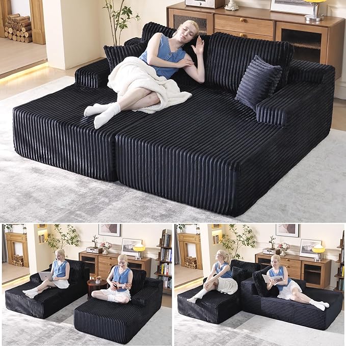 Oversized 79” Double Chaise Lounge Sofa Bed, Deep Seat Corduroy Cloud Loveseat Chair, No Assembly, Plush Upholstered Sleeper for Living Room or Bedroom (Black)