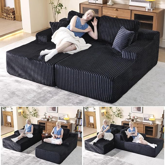 Oversized 79” Double Chaise Lounge Sofa Bed, Deep Seat Corduroy Cloud Loveseat Chair, No Assembly, Plush Upholstered Sleeper for Living Room or Bedroom (Black)