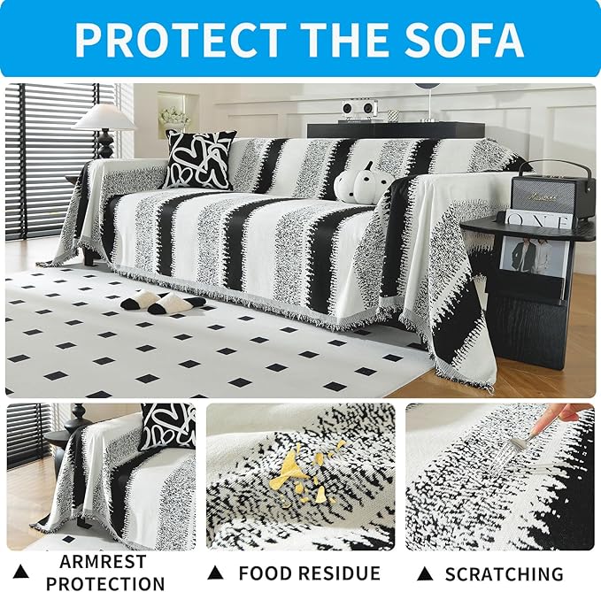 LUFEIJIASHI Boho Couch Covers for Sofa Non Slip Sofa Covers Washable Couch Covers for 3 Cushion Couch Sofa Pet Friendly Sectional Couch Cover Blanket Furniture Protector for Dogs (Black, 91"x134")