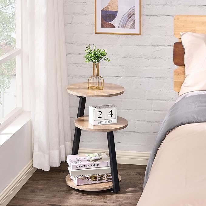 BEWISHOME Round End Table Side Table with Metal Frame, Accent Table Nightstand Bedside Table with 3-Tier Shelves, Small Couch Coffee Table for Living Room Bedroom Greige KTZ41G