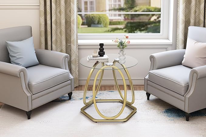 O&K FURNITURE Gold Modern Round Glass End Table with Hexagonal Base for Home & Office, 1 PC