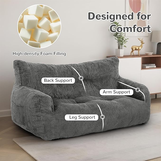 Pamapic Bean Bag Chair,2 Seat Loveseat Sofa,Ultra Soft Dutch Velvet,Fluffy Comfort Washable Cover,Corduroy Lazy Sofa Bed for Adults,Fit Living Room, Bedroom,Outdoor Spaces,Dark Grey