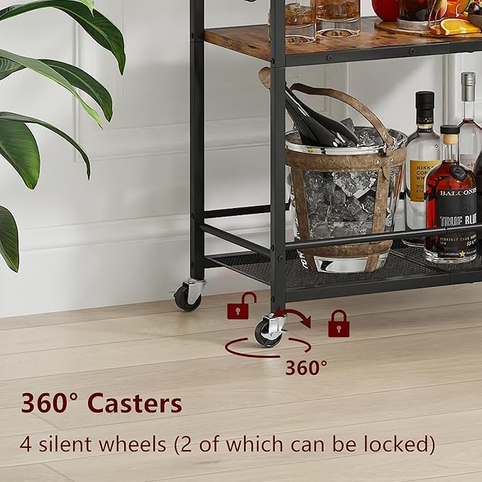 3 Tier Bar Cart, Home Bar Serving Cart with Wheels, Small Rolling Beverage Cart with Glass Holders, Mini Drink Cart with Wine Rack for Kitchen Dining Living Room Black GBC507B