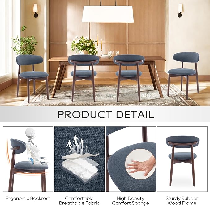 COLAMY Wooden Dining Chairs Set of 4, Modern Fabric Upholstered Kitchen Chairs, Farmhouse Dining Room Chair with Foot Pegs, Blue