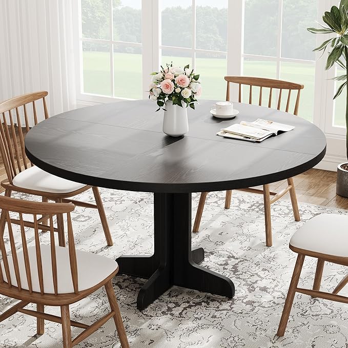 Garvee 47 Inch Round Dining Table for 4, Farmhouse Kitchen Dining Room Circle Dinner Table, Kitchen Dining Room Furniture, Black (Table Only)