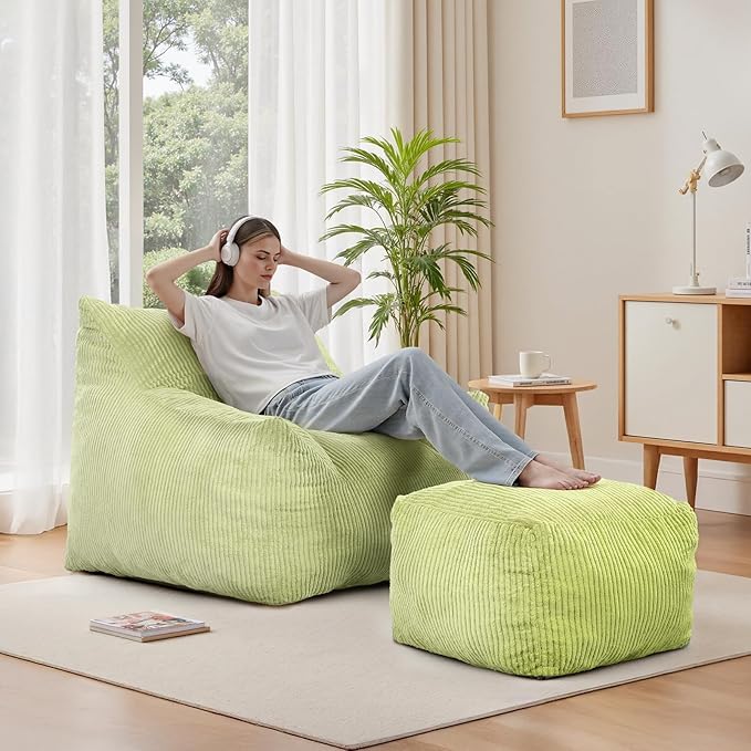 INMOZATA Bean Bag Chair for Adults, 3FT Beanbag Chair with Ottoman Pre-Filled Fluffy Lazy Chair Corded Fabric Accent Chair for Bedroom Living Room Dorm (Green)