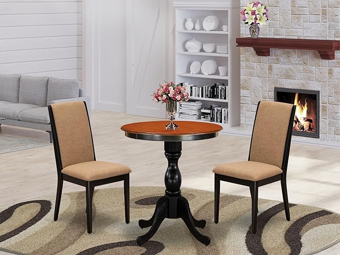 East West Furniture ESLA3-BCH-47 3 Piece Modern Dining Table Set Contains a Round Wooden Table with Pedestal and 2 Light Sable Linen Fabric Upholstered Chairs, 30x30 Inch, Black & Cherry