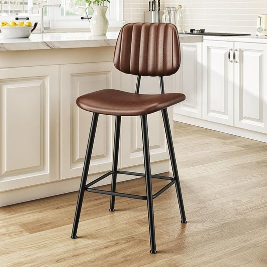24-Inch Leather Bar Stools, Counter Height Barstools with High Backrest，Bar Chairs for Kitchen Island with Heavy Duty Metal Legs, Dark Brown