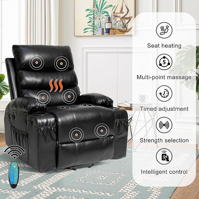 Recliner Chair Power Lift Massage Chair Full Body 21" Large Size Electric Recliner with 8 Point Vibration Massage and Lumber Heat, Remote Control, Side Pockets and Cup Holders, Black
