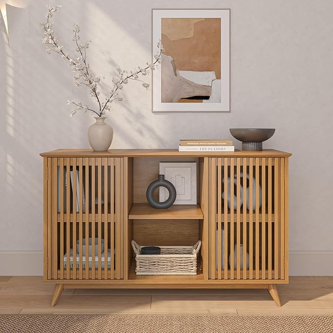 Plank+Beam Mid-Century Modern Wood TV Stand, Solid Wood Entertainment Console with Storage, 49" L x 16" W x 30" H, Pecan