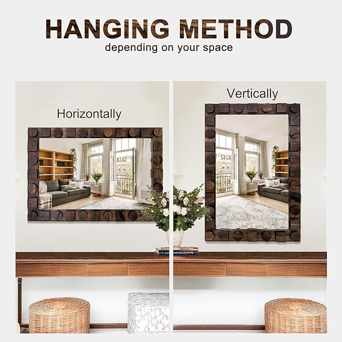 36x24 Inch Handcrafted Solid Wood Square Wall Mirror with Geometric Wood Inlay Design, Rustic Natural Texture for Bathroom, Bedroom, Living Room Decor