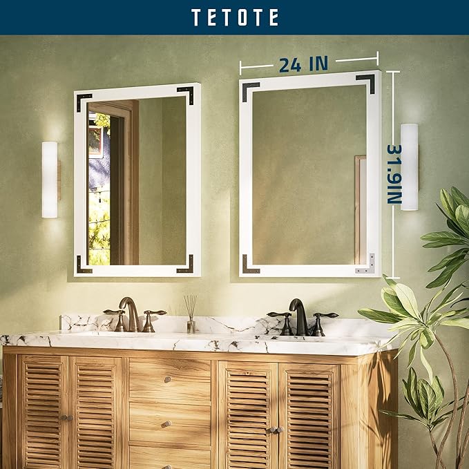 TETOTE 24 x 32 White Wood Mirror for Bathroom Wall/Bedroom/Living Room/Entryway Farmhouse Rustic Wall Mirror for Over Sink Waterproof (Horizontal/Vertical Mounted)
