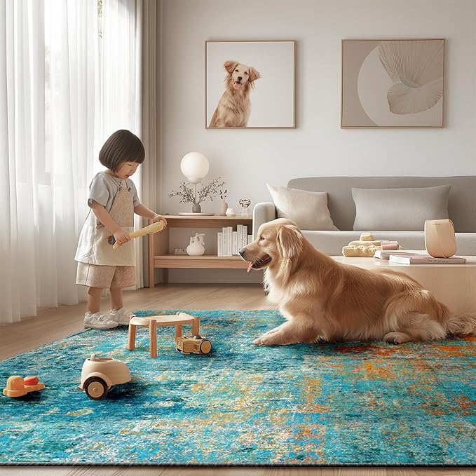 Washable Area Rugs 9'x12' Non-Slip Modern Abstract Soft for Living Room Entryway Bedroom Nursery, Print Pattern, Teal Blue Green Orange Rust Red Colorful