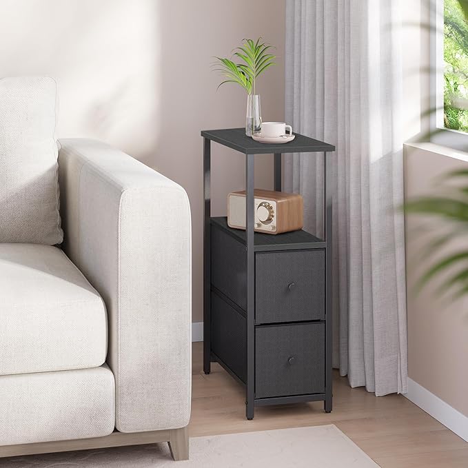 TUTOTAK Small Narrow End Table, Set of 2, Side Table, Nightstand with 2 Cloth Drawers, Couch Table, for Living Room, Bedroom, Bedside, Black TB01BK054