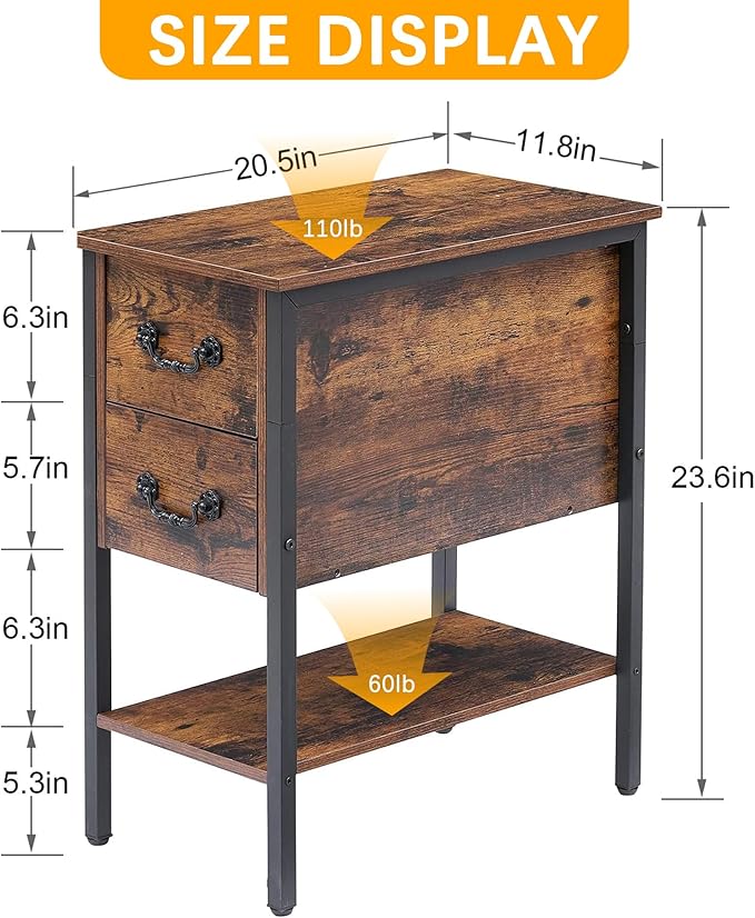 VECELO End Tables,Narrow Nightstand with Drawers and Storage Shelf,Modern Night Stand for Small Spaces, Living Room,Bedroom