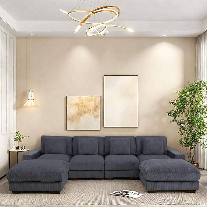 Sectional Couches for Living Room, Stylish Sectional Loveseat Sofa with Double Ottoman & Deep Seats, Living Room Furniture Home Sofa for Adults, Dove Gray