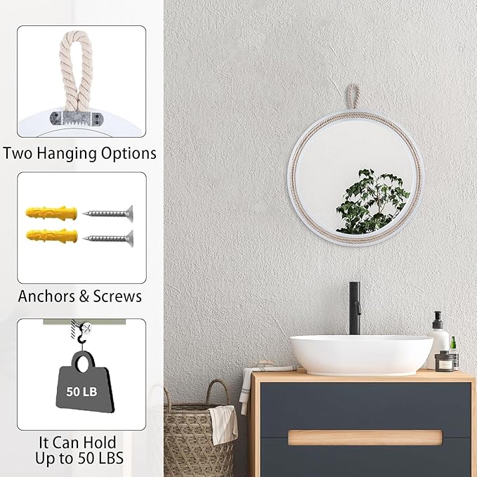 Small Decorative Mirror 11.4'' Round Hanging Mirror for Wall Nautical Rope Mirror for Bathroom Office Living Room All Occasions, White Round Rope,Mirror,Nautical Theme