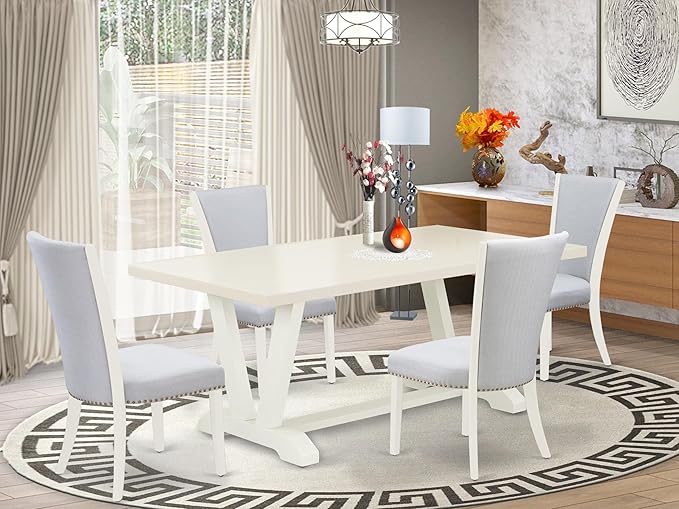 East West Furniture V027VE005-5 5 Piece Dinette Set for 4 Includes a Rectangle Dining Room Table with V-Legs and 4 Grey Linen Fabric Upholstered Parson Chairs, 40x72 Inch, Multi-Color