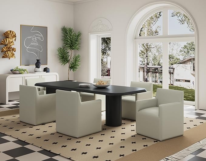Manhattan Comfort Anna Square Modern Dining Chair with Arms, Head-to-Toe Faux Leather Upholstered Accent Armchair with Plastic Foot Padding, Set of 1, Stone Grey