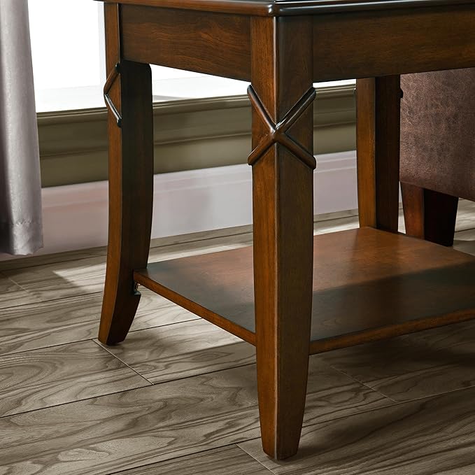 Solid Wood Side Table with Storage Shelf, Cherry Wood End Tables Living Room, Traditional Style End Table, Vintage Beside Table with Curved Legs for Apartment, Cherry Walnut Accent Table CJZ-DR200