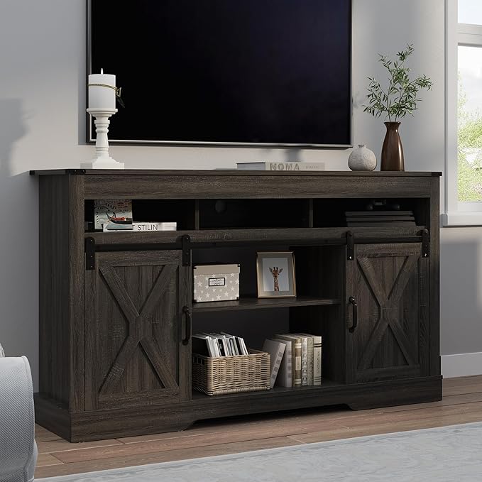RoyalCraft Farmhouse TV Stand for 23" Fireplace, 34'' Tall Entertainment Center for 65+ Inch TV, 34" Tall Rustic TV Console with Sliding Bar Door for Living Room, Dark Grey