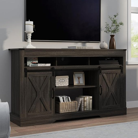 RoyalCraft Farmhouse TV Stand for 23" Fireplace, 34'' Tall Entertainment Center for 65+ Inch TV, 34" Tall Rustic TV Console with Sliding Bar Door for Living Room, Dark Grey