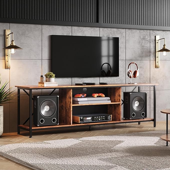 WLIVE TV Stand for 70 Inch TV, Entertainment Center with Storage, Industrial TV Console for Living Room and Bedroom, Rustic Brown