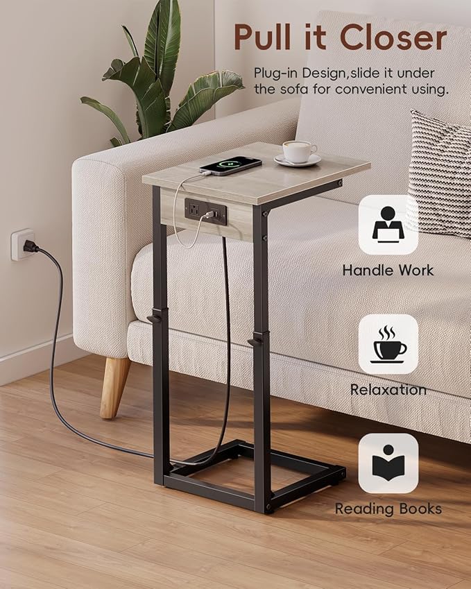 Vagusicc C Shaped End Table with Charging Station, 33" Tall Side Table for Couch, C Table Adjustable Height Small Couch Side Table, Slide Under Sofa Table TV Tray Table for Living Room, Bedroom, Grey
