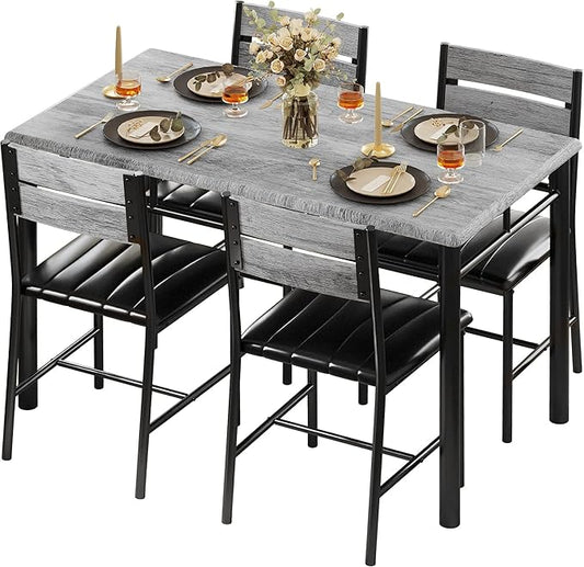 IRONCK Dining Table Set for 4, Wood Kitchen Table with Upholstered Chairs for Kitchen Room and Small Spaces, Grey