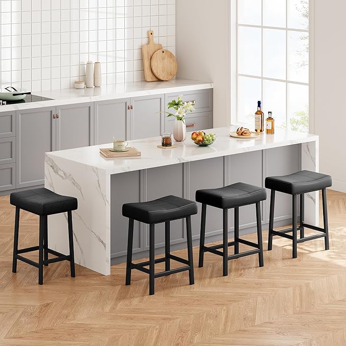 GarveeHome Counter Height Bar Stools Set of 4, 24 Inch Barstools for Kitchen Island Counter, Upholstered Padded Saddle Chairs with Curved Cushion, Easy Assembly, Black