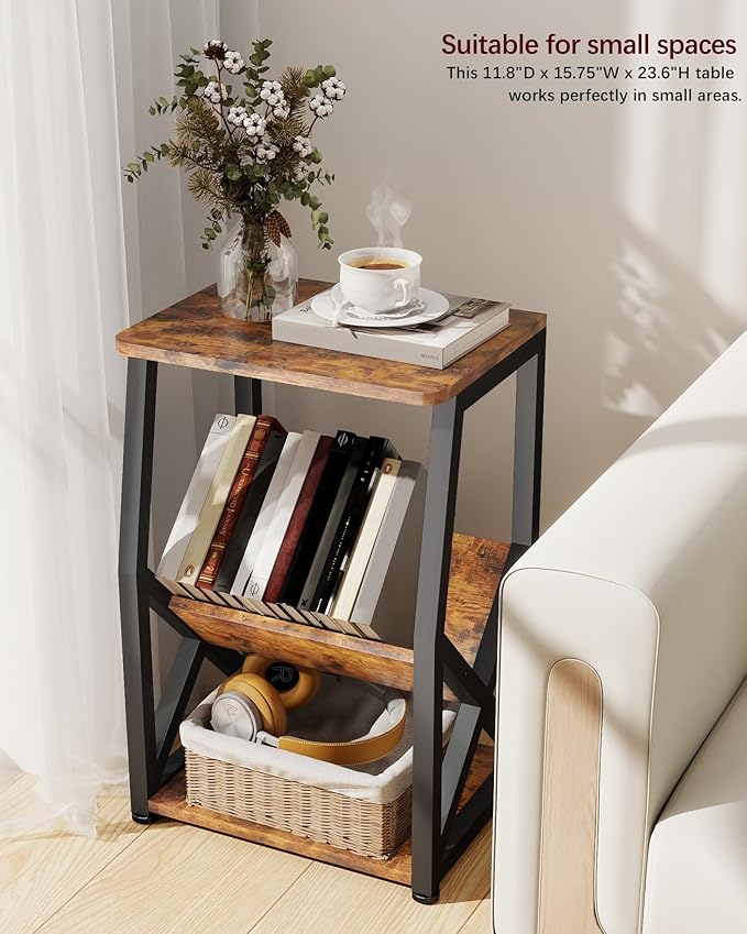 ALISENED Side Table, 3 Tier Narrow End Table with Storage Shelf, Industrial Slim Nightstand for Small Spaces, Narrow Small End Tables for Living Room,Bedroom,Home Office.