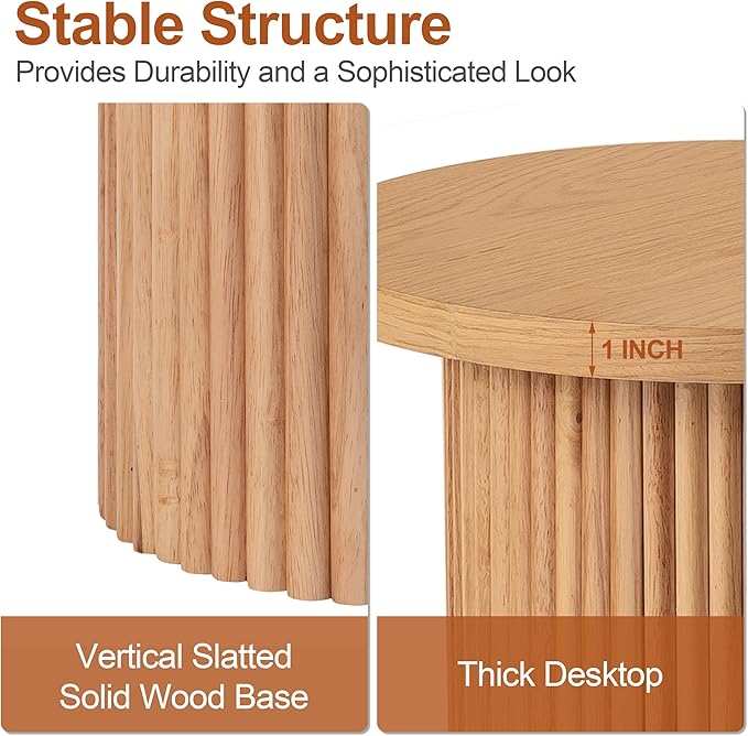 Round Side Table, Small Wood End Table Nightstand for Living Room, Bedroom, Office Small Spaces, Mid Century Modern Farmhouse Accent End Tables, Fluted Base Design, 16.93" D x 22.44" H