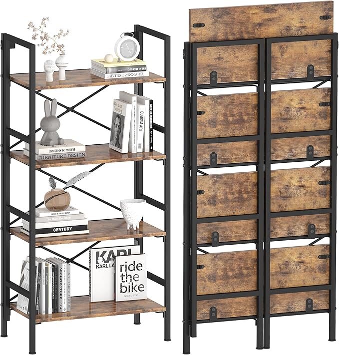 Folding Bookshelf,4 Tier Bookcase Foldable Shelf with X-Bracket Design, Adjustable Feet, Space Saving Storage for Living Room, Office, Rustic Brown