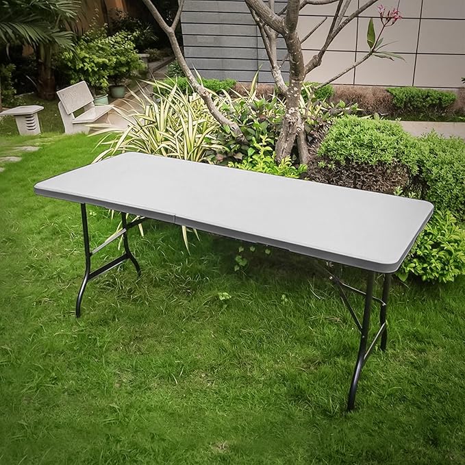 Athena Collection 6 ft Square Folding Dining Table, Large Plastic Foldable Table Portable with Carry Handle, Heavy Duty Fold-in-Half Utility for Indoor Outdoor Party Camping Picnic, Grey