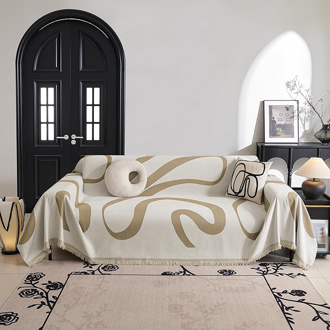 MYSKY HOME Boho Couch Cover Super Soft Couch Covers for 2-3 Cushion Couch Sofa, Modern Khaki Jacquard Sofa Slipcover Loveseat Futon Cover, Couch Covers for Sectional Sofa, 71" x 102", Khaki Curve